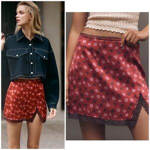 Anthropologie Maeve Lace Trim Slip Skirt in Red Combo Size XL NWT